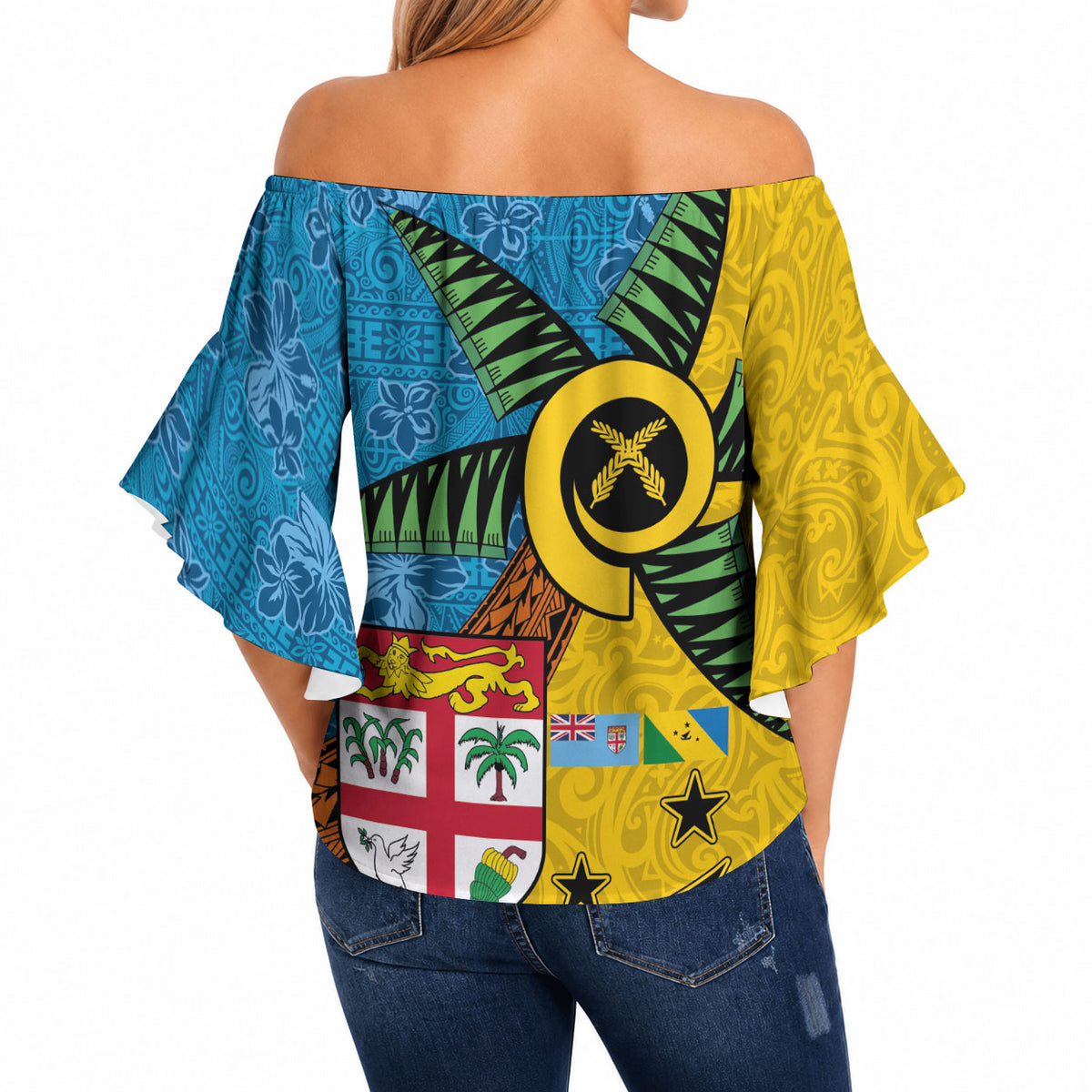 Malampa Fiji Day Off Shoulder Wrap Waist Top Tapa and Melanesian Patterns with Coat of Arms