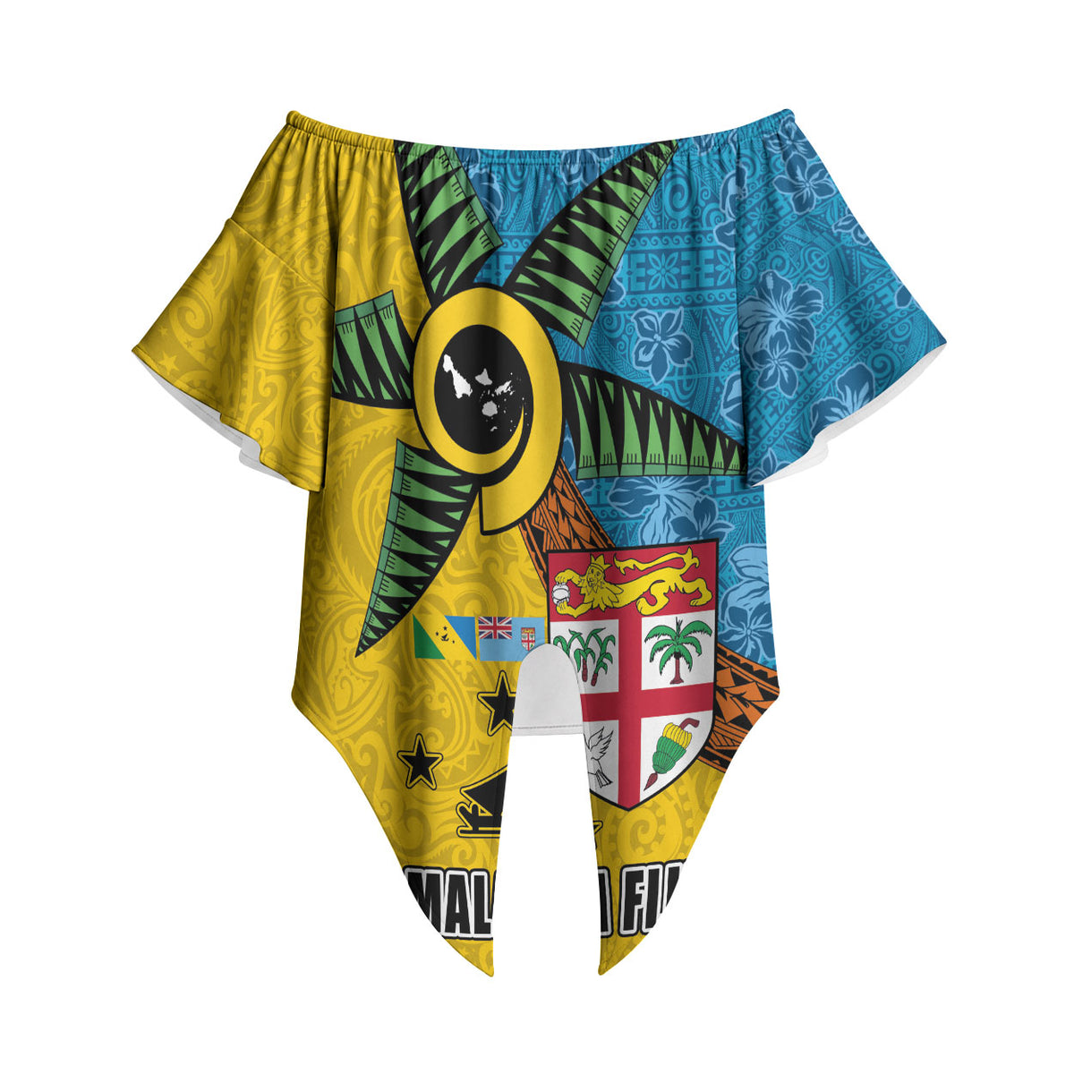 Malampa Fiji Day Off Shoulder Wrap Waist Top Tapa and Melanesian Patterns with Coat of Arms