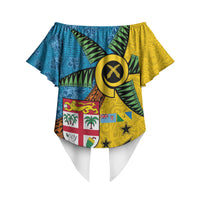 Malampa Fiji Day Off Shoulder Wrap Waist Top Tapa and Melanesian Patterns with Coat of Arms