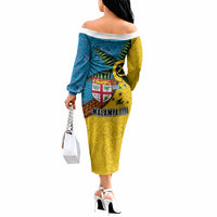 Malampa Fiji Day Off The Shoulder Long Sleeve Dress Tapa and Melanesian Patterns with Coat of Arms