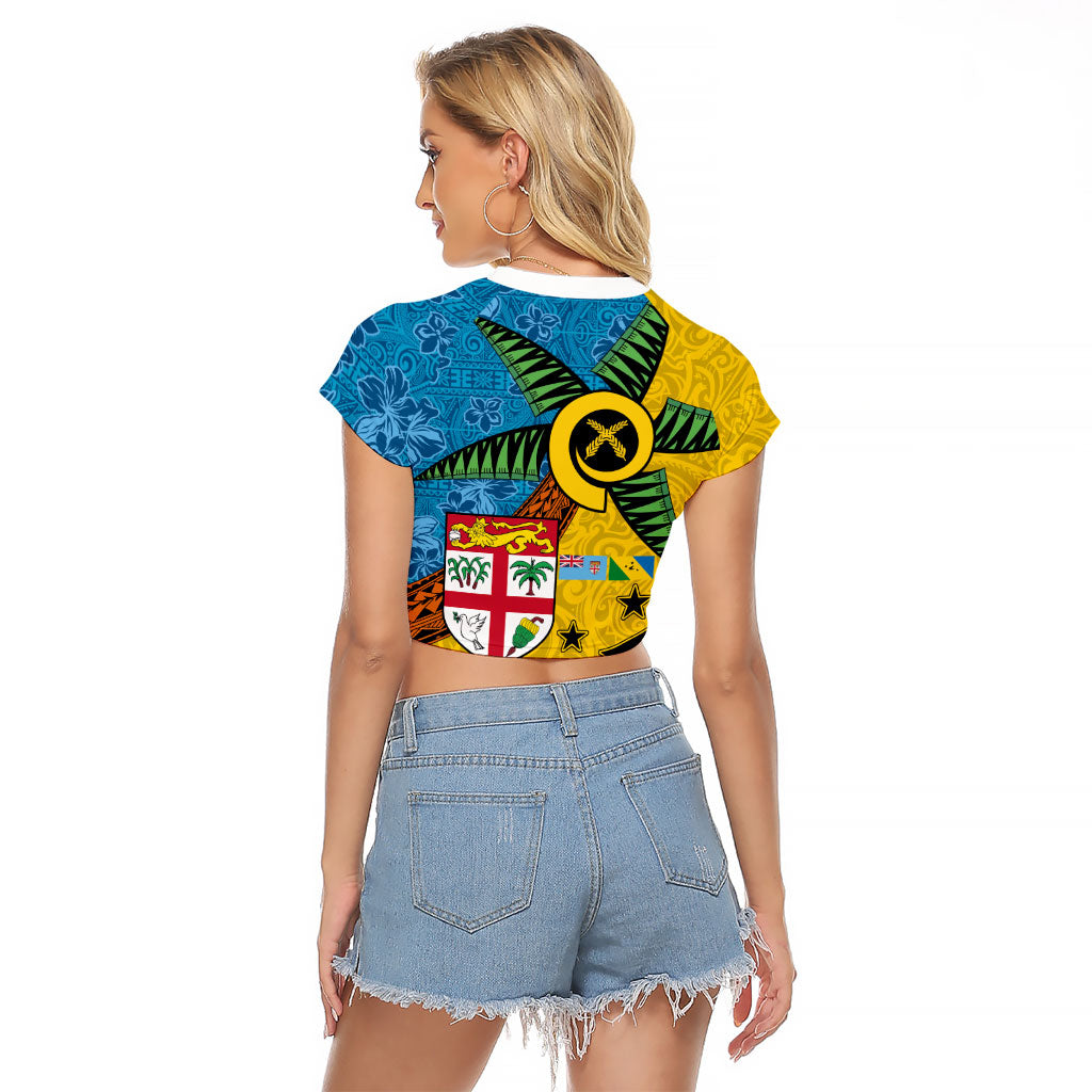 Malampa Fiji Day Raglan Cropped T Shirt Tapa and Melanesian Patterns with Coat of Arms