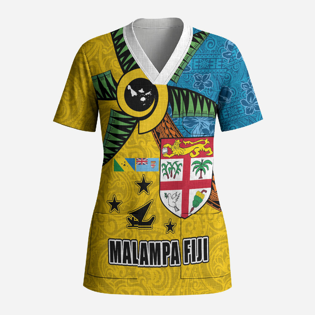 Malampa Fiji Day Scrub Top Tapa and Melanesian Patterns with Coat of Arms