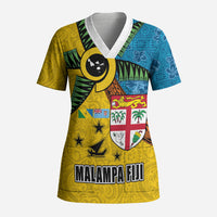 Malampa Fiji Day Scrub Top Tapa and Melanesian Patterns with Coat of Arms