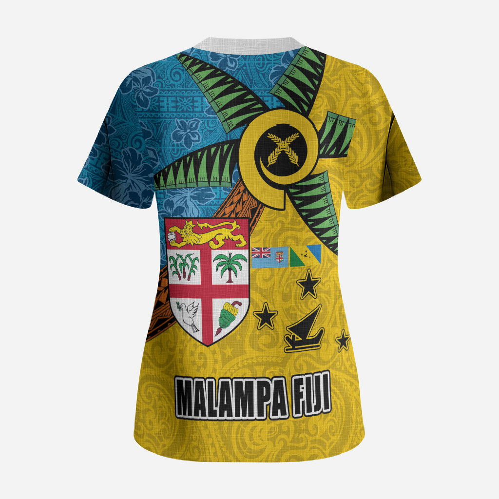 Malampa Fiji Day Scrub Top Tapa and Melanesian Patterns with Coat of Arms