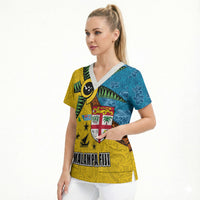 Malampa Fiji Day Scrub Top Tapa and Melanesian Patterns with Coat of Arms