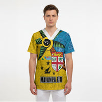 Malampa Fiji Day Scrub Top Tapa and Melanesian Patterns with Coat of Arms