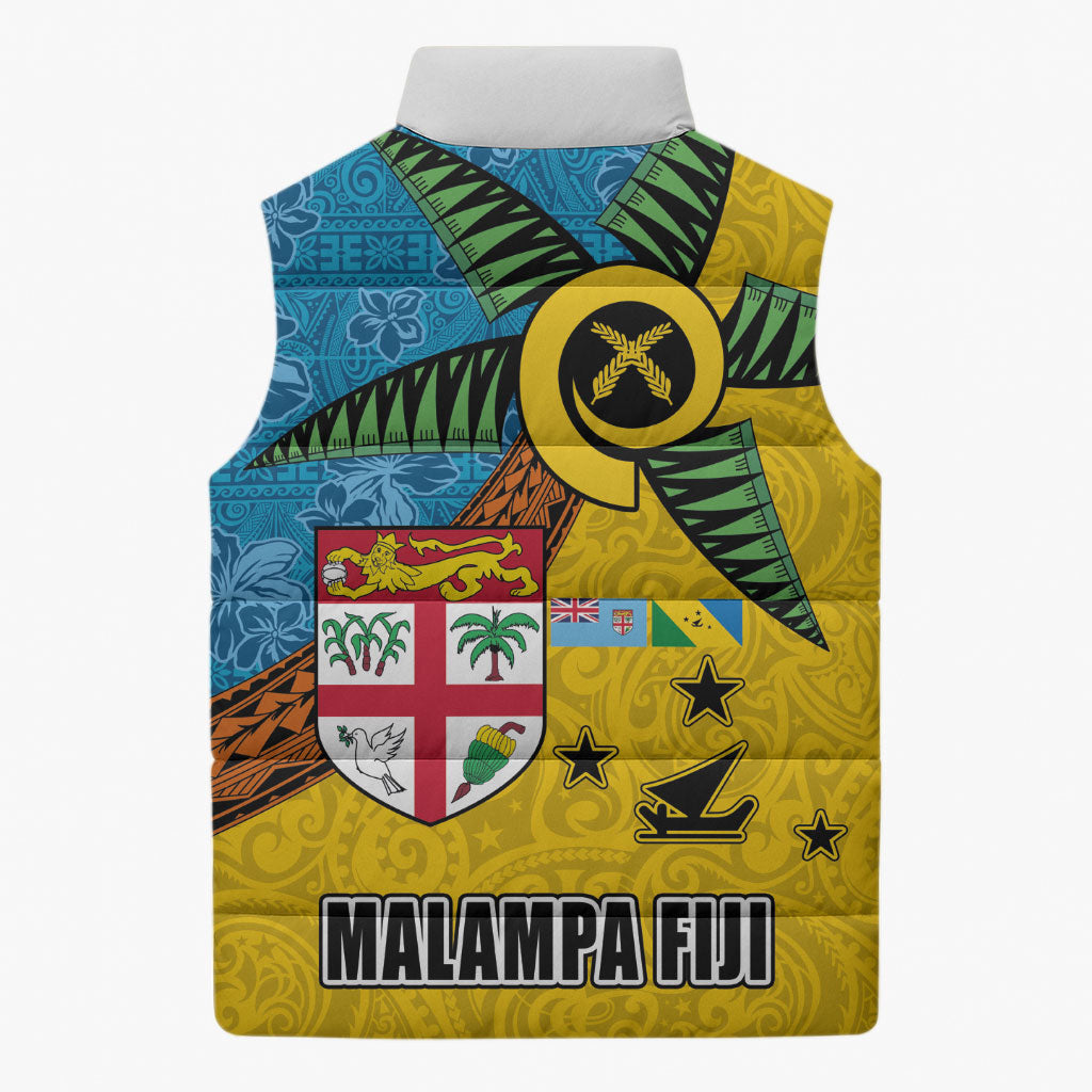 Malampa Fiji Day Sleeveless Puffer Jacket Tapa and Melanesian Patterns with Coat of Arms