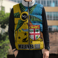 Malampa Fiji Day Sleeveless Puffer Jacket Tapa and Melanesian Patterns with Coat of Arms