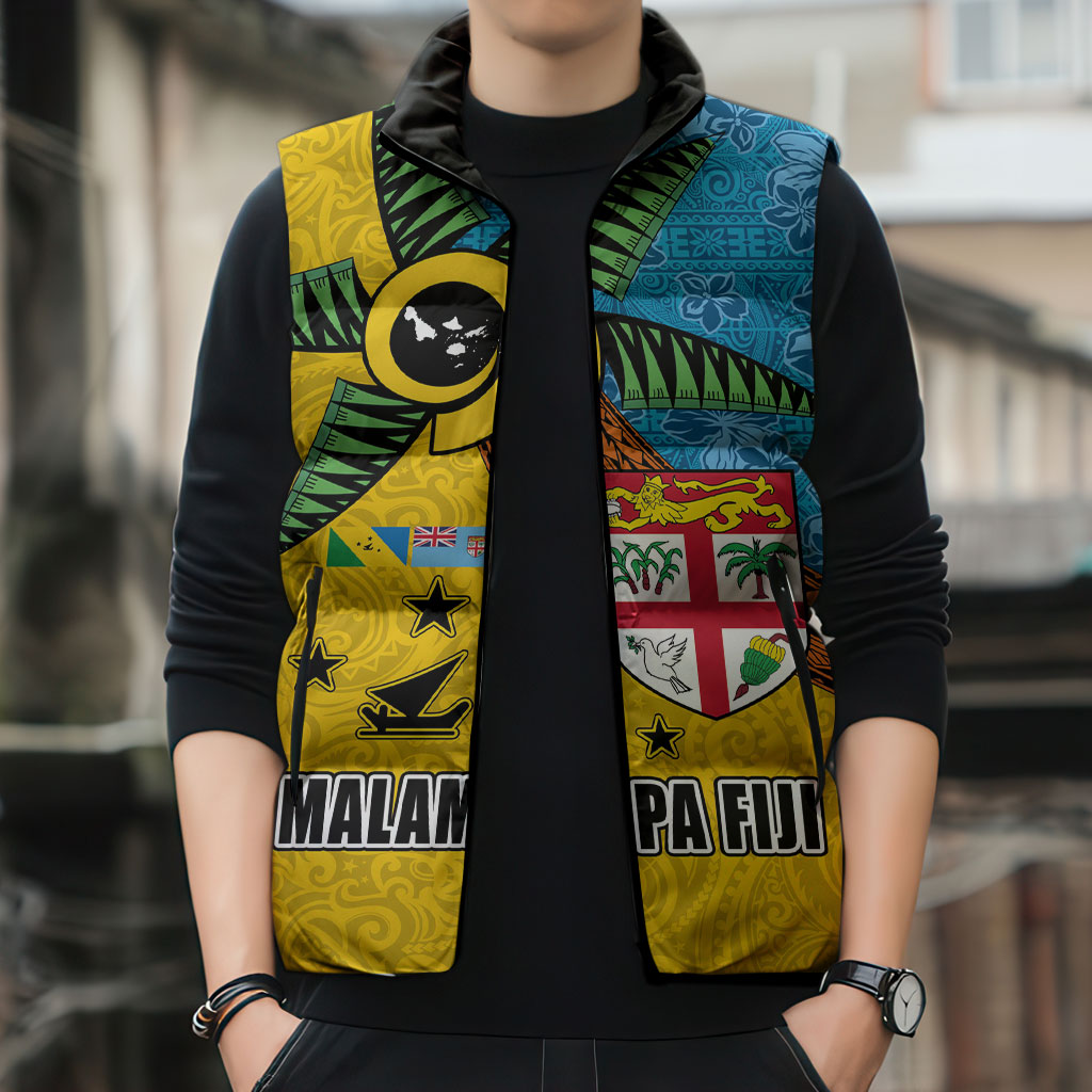 Malampa Fiji Day Sleeveless Puffer Jacket Tapa and Melanesian Patterns with Coat of Arms