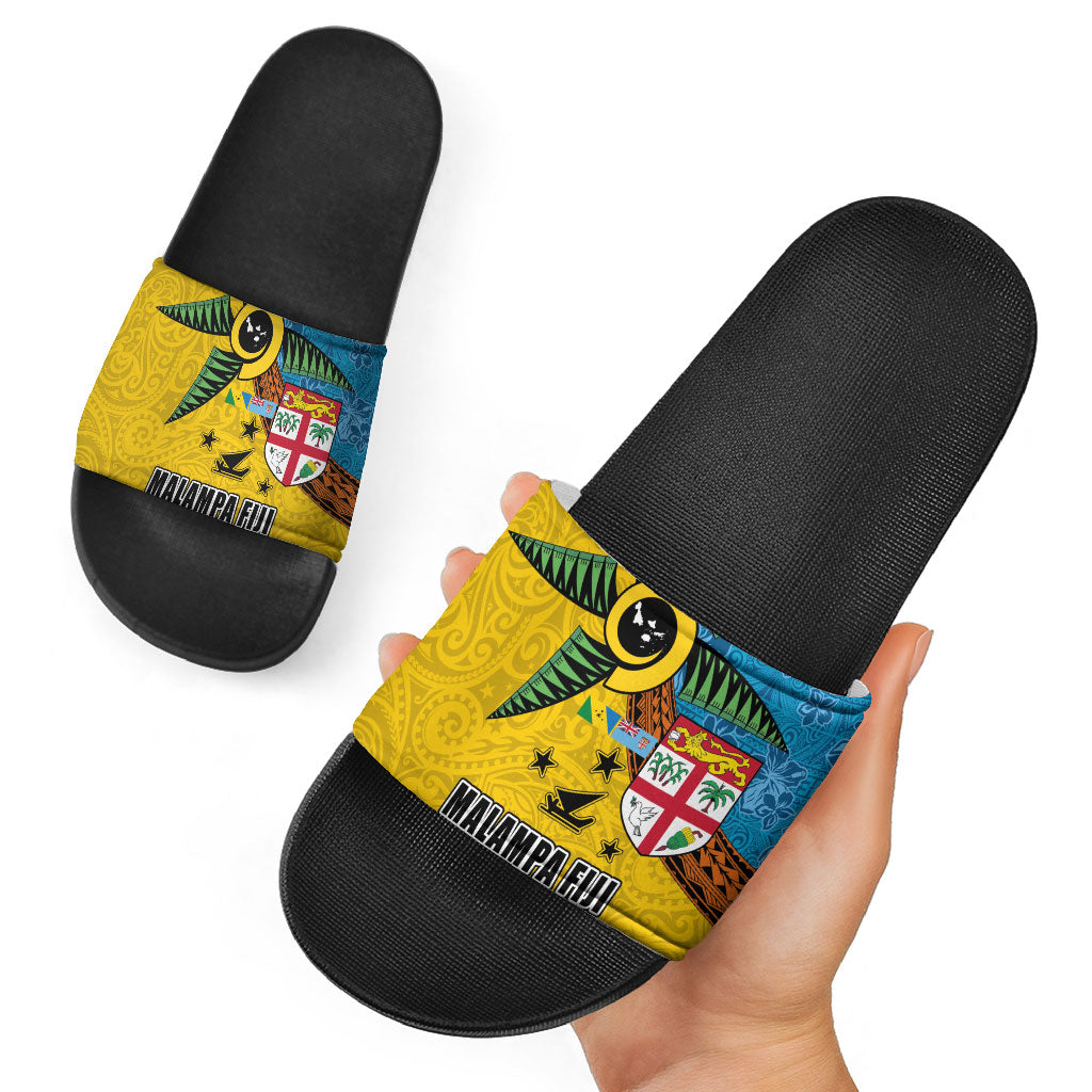 Malampa Fiji Day Slide Sandals Tapa and Melanesian Patterns with Coat of Arms