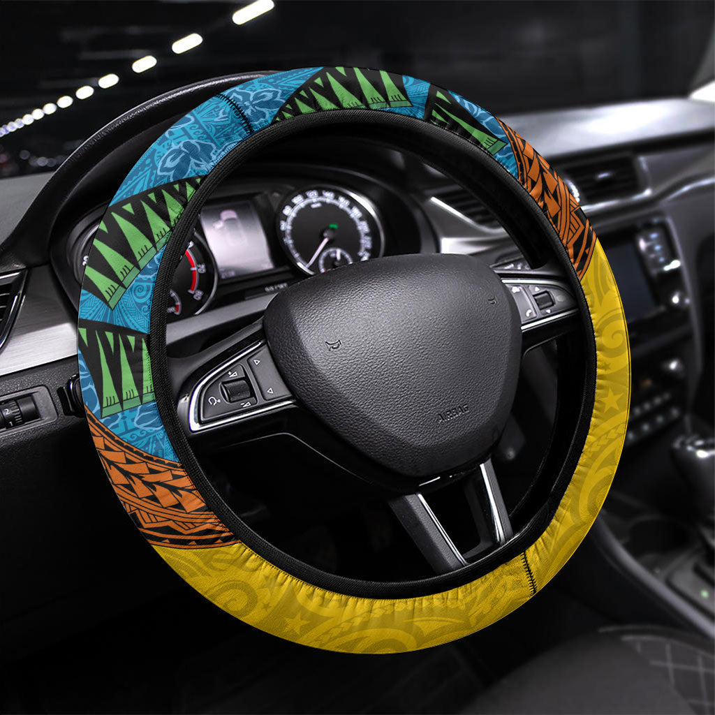Malampa Fiji Day Steering Wheel Cover Tapa and Melanesian Patterns with Coat of Arms