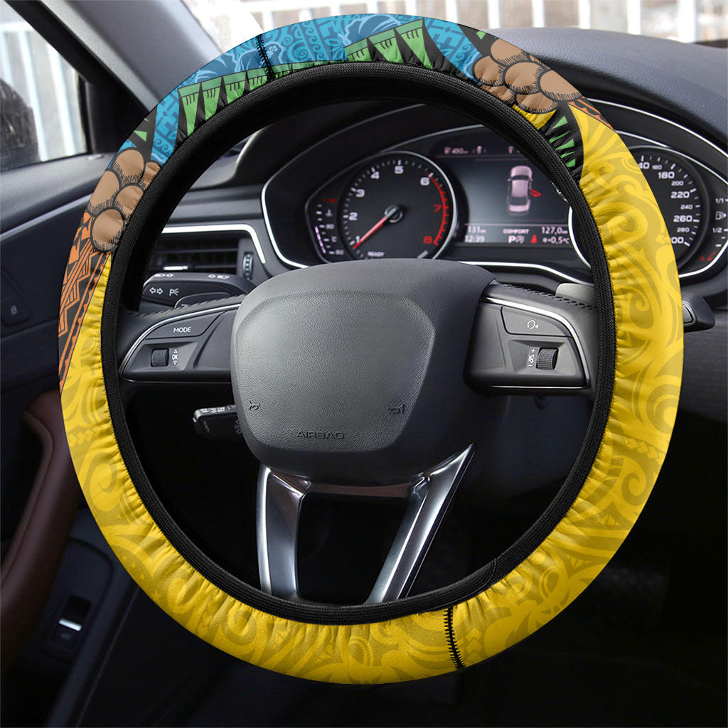 Malampa Fiji Day Steering Wheel Cover Tapa and Melanesian Patterns with Coat of Arms