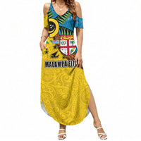 Malampa Fiji Day Summer Maxi Dress Tapa and Melanesian Patterns with Coat of Arms