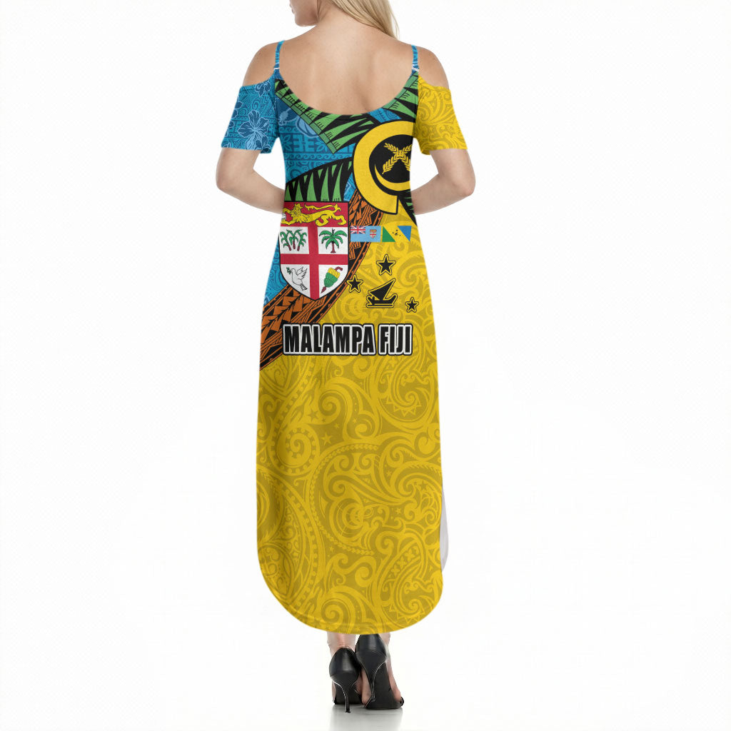 Malampa Fiji Day Summer Maxi Dress Tapa and Melanesian Patterns with Coat of Arms