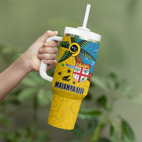Malampa Fiji Day Tumbler With Handle Tapa and Melanesian Patterns with Coat of Arms
