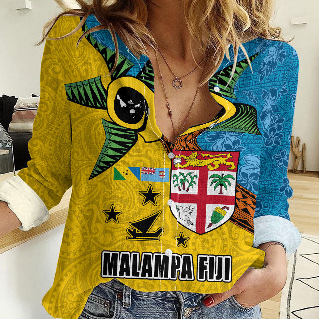 Malampa Fiji Day Women Casual Shirt Tapa and Melanesian Patterns with Coat of Arms