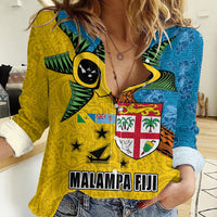 Malampa Fiji Day Women Casual Shirt Tapa and Melanesian Patterns with Coat of Arms