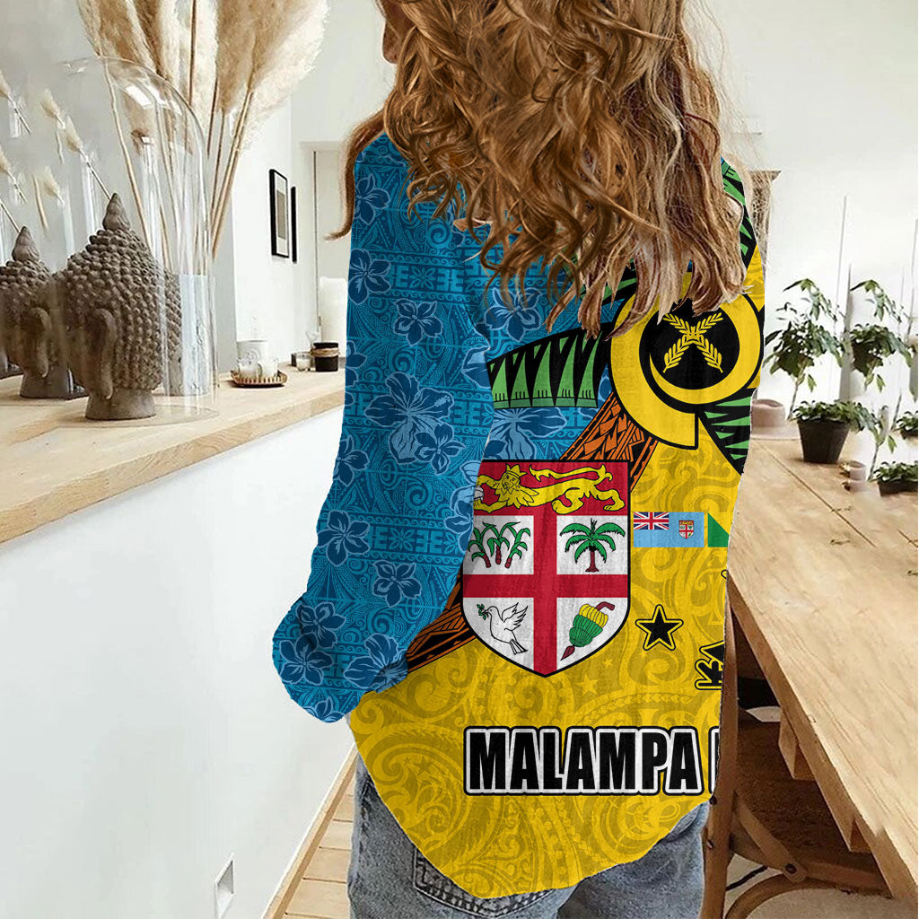 Malampa Fiji Day Women Casual Shirt Tapa and Melanesian Patterns with Coat of Arms