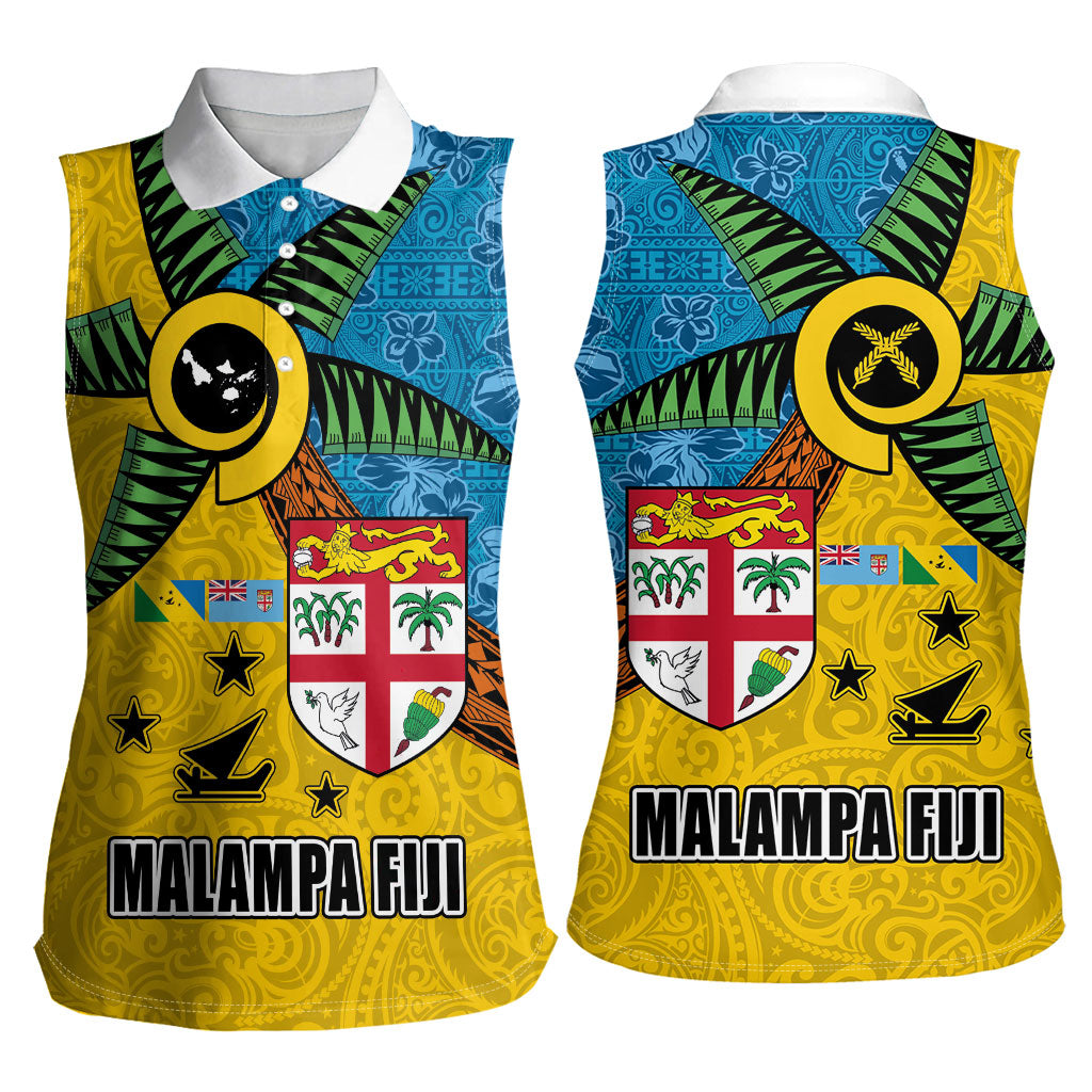Malampa Fiji Day Women Sleeveless Polo Shirt Tapa and Melanesian Patterns with Coat of Arms