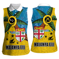 Malampa Fiji Day Women Sleeveless Polo Shirt Tapa and Melanesian Patterns with Coat of Arms
