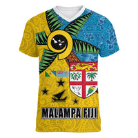 Malampa Fiji Day Women V-Neck T-Shirt Tapa and Melanesian Patterns with Coat of Arms