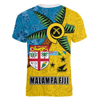 Malampa Fiji Day Women V-Neck T-Shirt Tapa and Melanesian Patterns with Coat of Arms