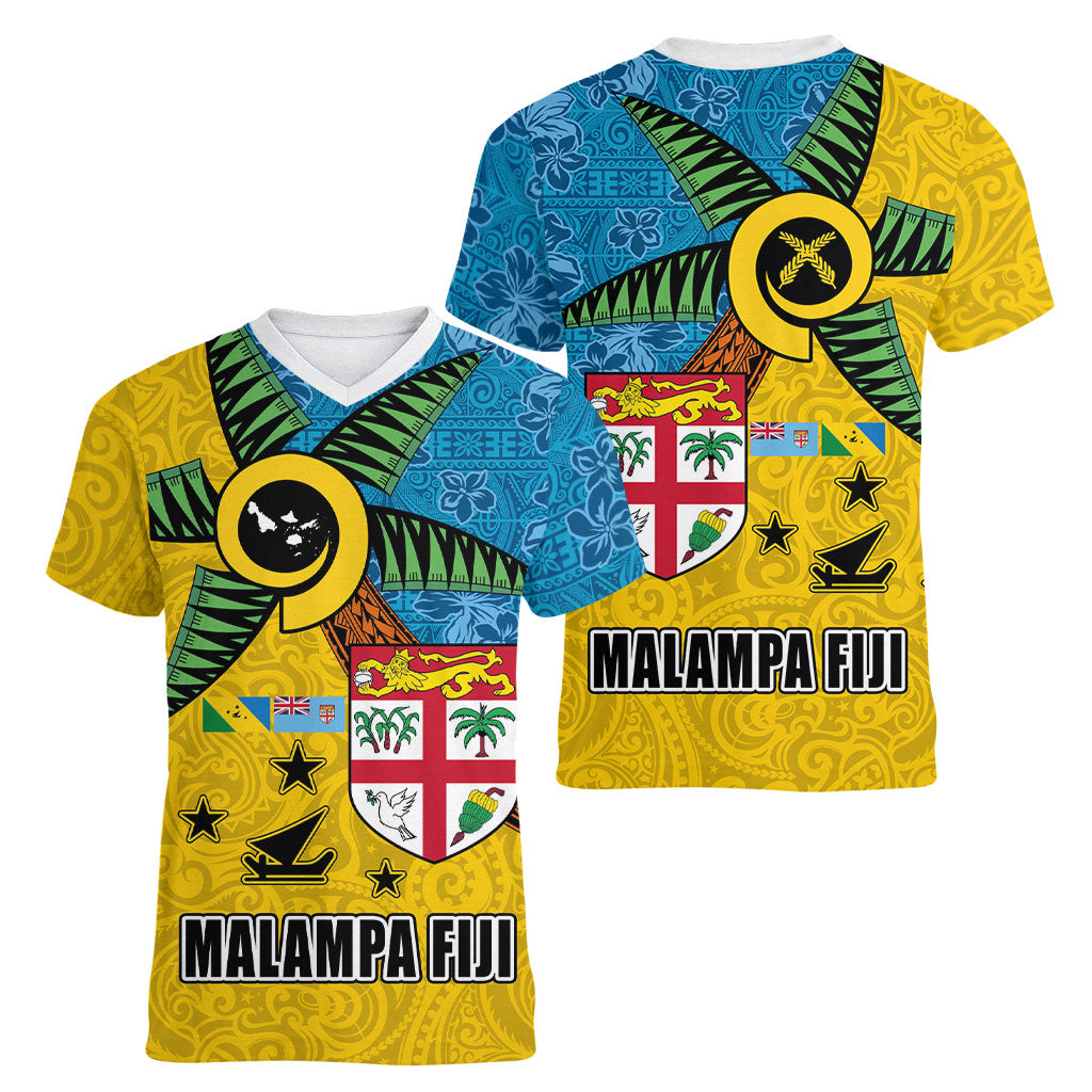 Malampa Fiji Day Women V-Neck T-Shirt Tapa and Melanesian Patterns with Coat of Arms