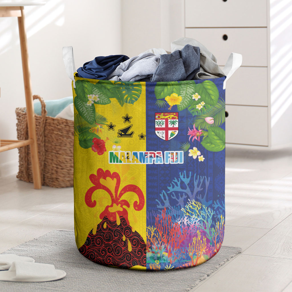 Malampa Fiji Day Laundry Basket Volcano and Coral Reef with Culture Patterns Split Style