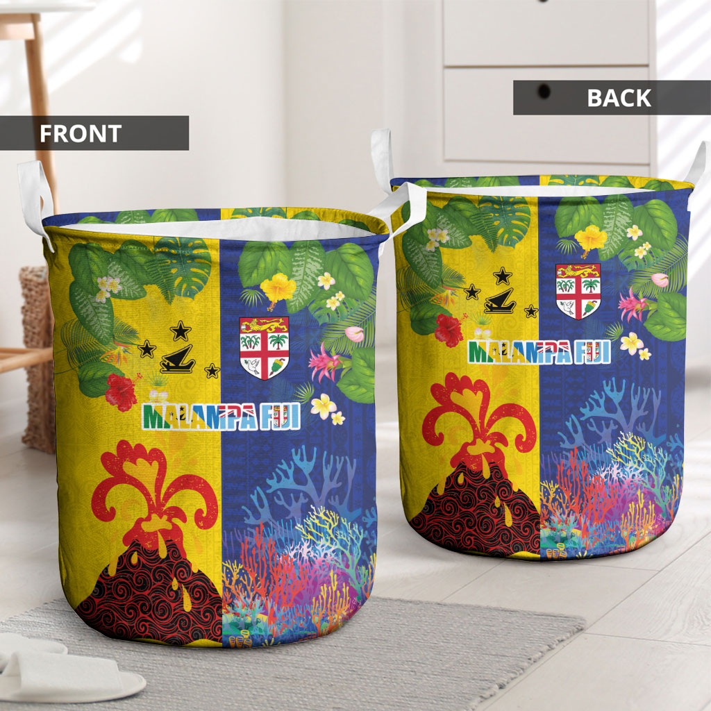 Malampa Fiji Day Laundry Basket Volcano and Coral Reef with Culture Patterns Split Style