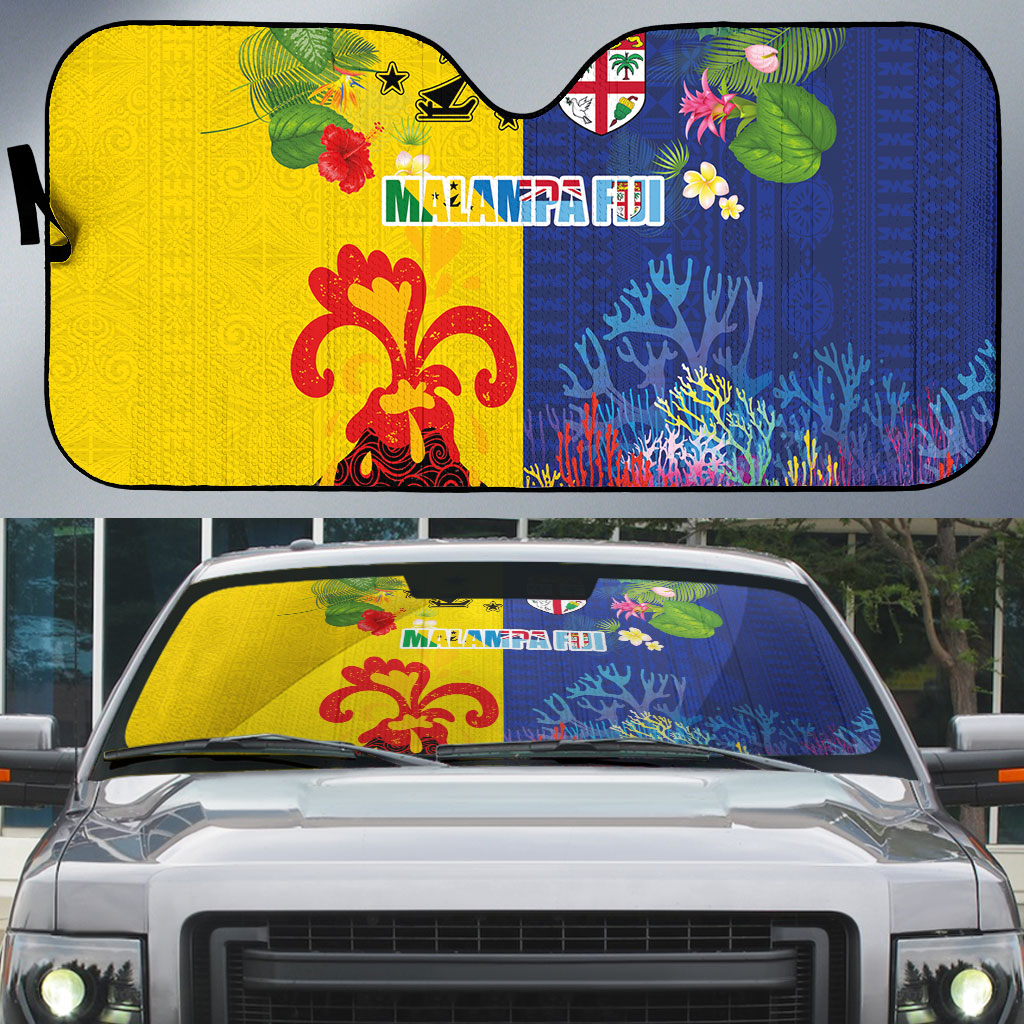 Malampa Fiji Day Auto Sun Shade Volcano and Coral Reef with Culture Patterns Split Style