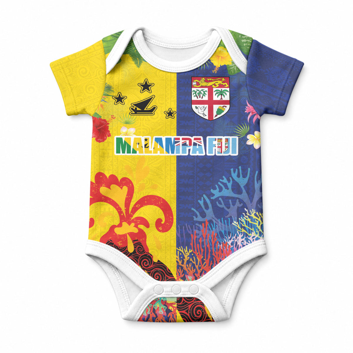 Malampa Fiji Day Baby Onesie Volcano and Coral Reef with Culture Patterns Split Style