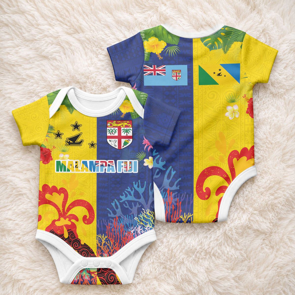 Malampa Fiji Day Baby Onesie Volcano and Coral Reef with Culture Patterns Split Style