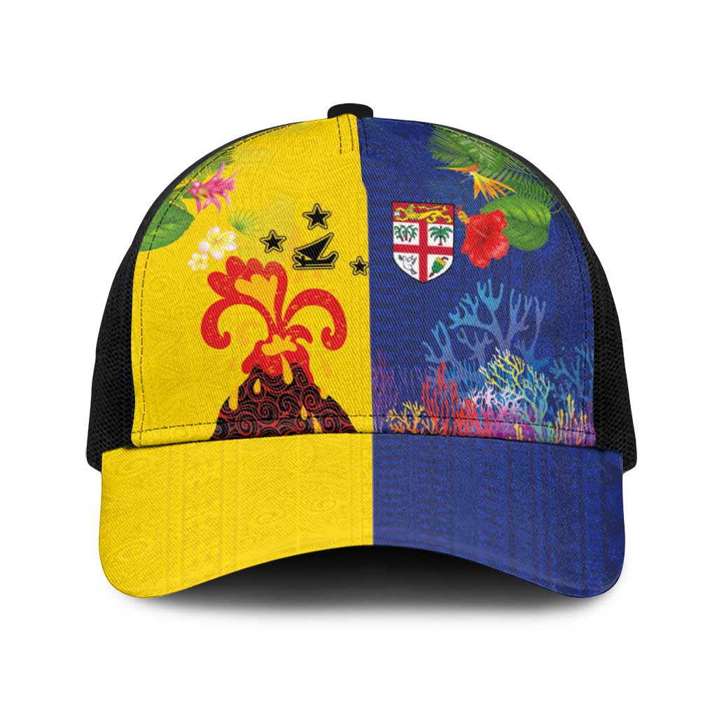 Malampa Fiji Day Baseball Net Cap Volcano and Coral Reef with Culture Patterns Split Style