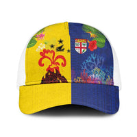 Malampa Fiji Day Baseball Net Cap Volcano and Coral Reef with Culture Patterns Split Style