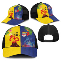 Malampa Fiji Day Baseball Net Cap Volcano and Coral Reef with Culture Patterns Split Style