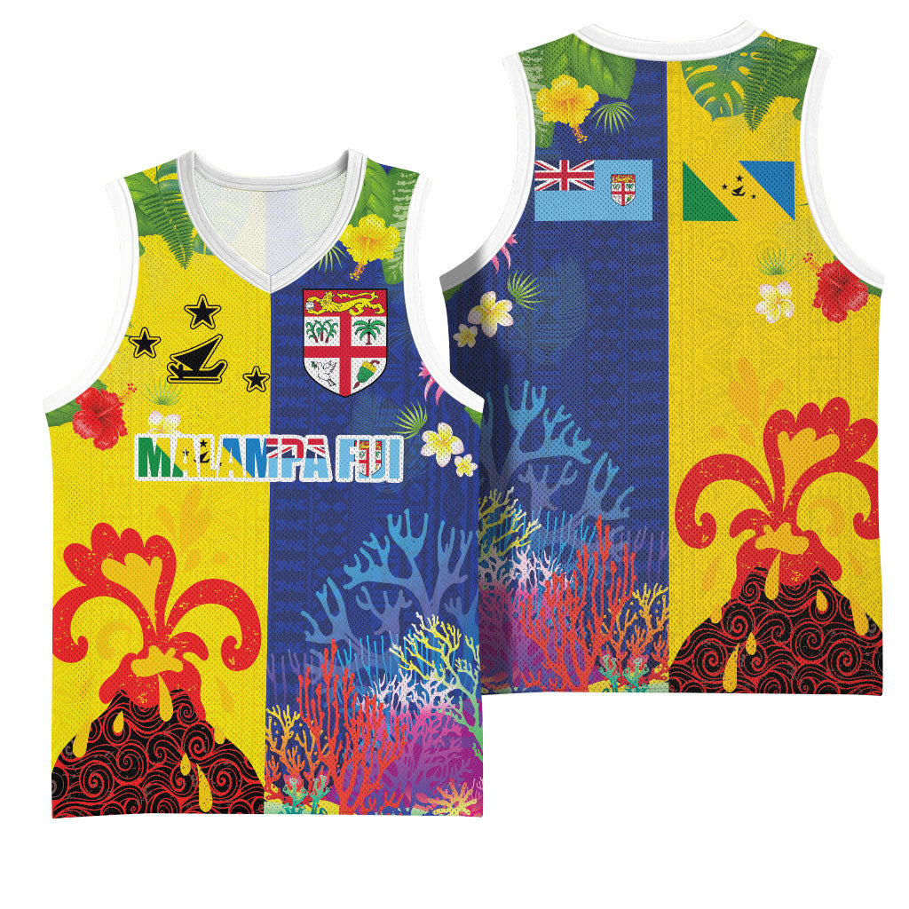 Malampa Fiji Day Basketball Jersey Volcano and Coral Reef with Culture Patterns Split Style