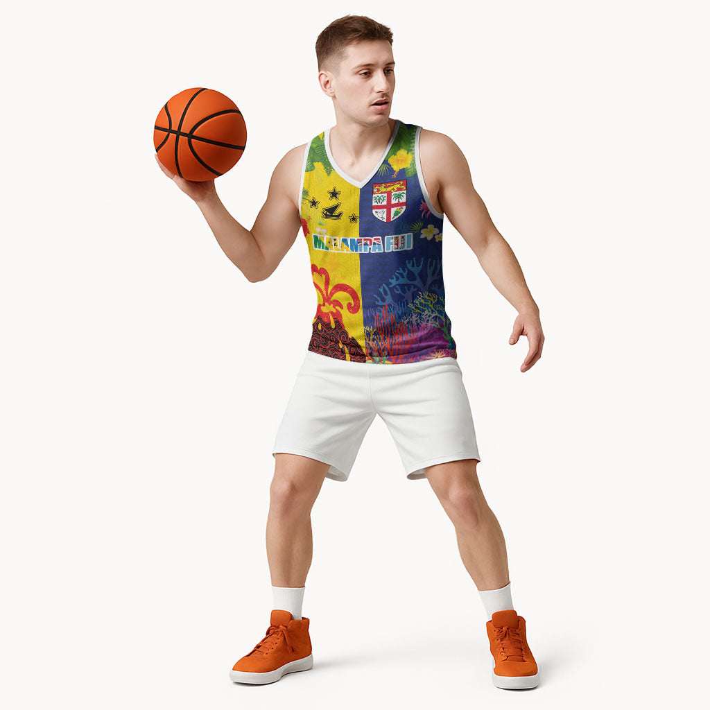 Malampa Fiji Day Basketball Jersey Volcano and Coral Reef with Culture Patterns Split Style