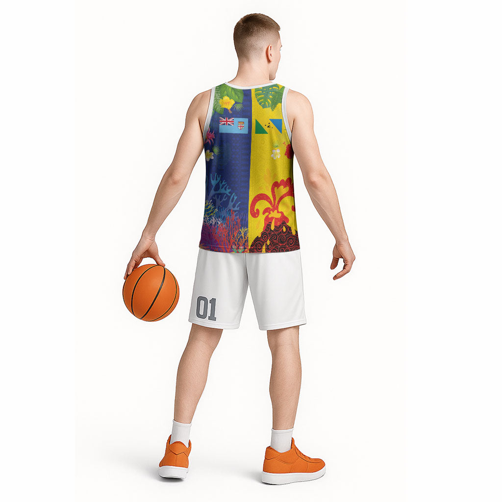 Malampa Fiji Day Basketball Jersey Volcano and Coral Reef with Culture Patterns Split Style