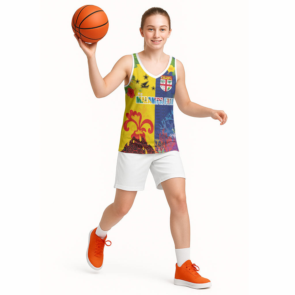 Malampa Fiji Day Basketball Jersey Volcano and Coral Reef with Culture Patterns Split Style