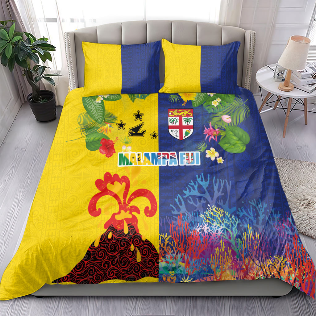 Malampa Fiji Day Bedding Set Volcano and Coral Reef with Culture Patterns Split Style