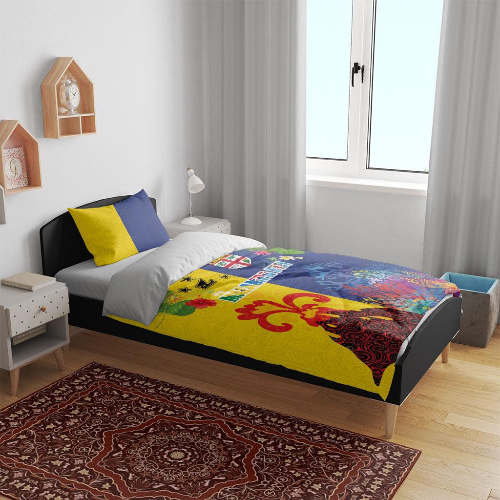 Malampa Fiji Day Bedding Set Volcano and Coral Reef with Culture Patterns Split Style