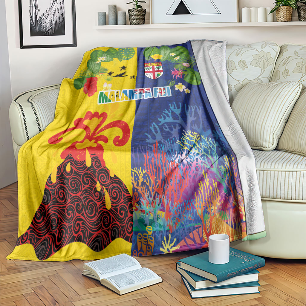 Malampa Fiji Day Blanket Volcano and Coral Reef with Culture Patterns Split Style