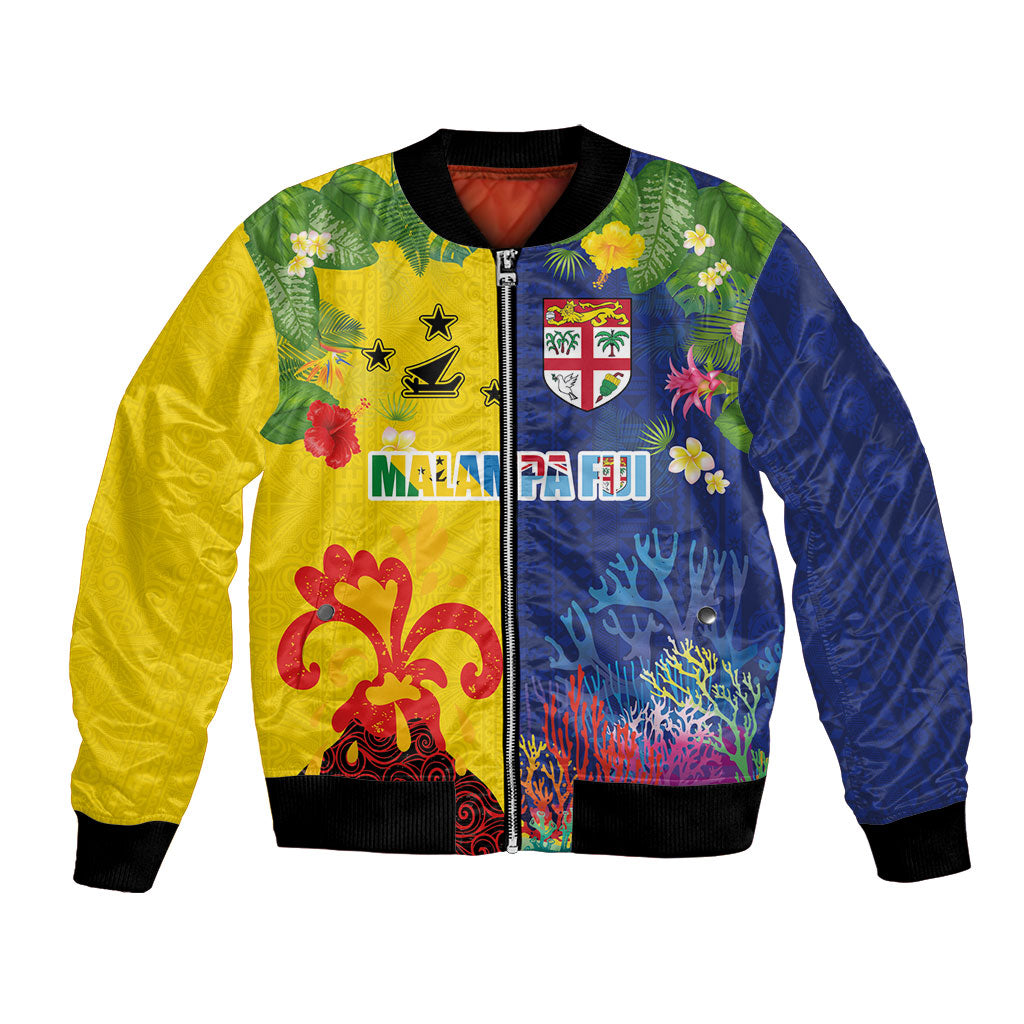 Malampa Fiji Day Bomber Jacket Volcano and Coral Reef with Culture Patterns Split Style