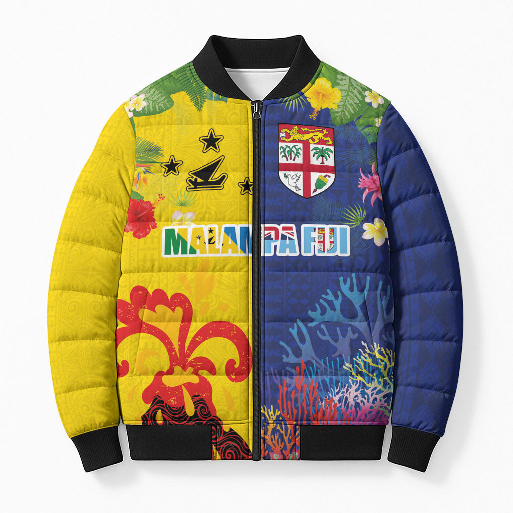 Malampa Fiji Day Bomber Puffer Jacket Volcano and Coral Reef with Culture Patterns Split Style