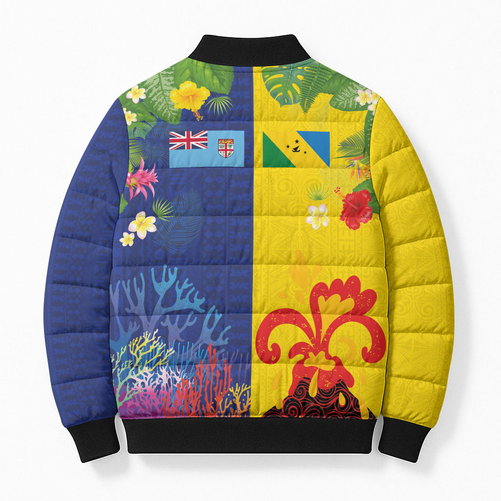 Malampa Fiji Day Bomber Puffer Jacket Volcano and Coral Reef with Culture Patterns Split Style
