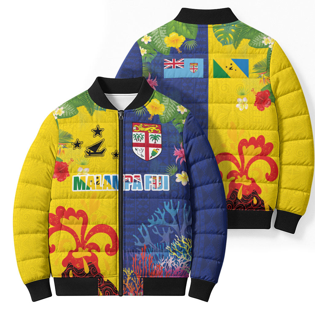 Malampa Fiji Day Bomber Puffer Jacket Volcano and Coral Reef with Culture Patterns Split Style
