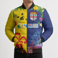 Malampa Fiji Day Bomber Puffer Jacket Volcano and Coral Reef with Culture Patterns Split Style