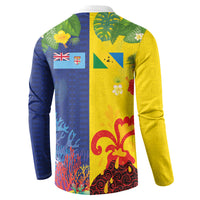 Malampa Fiji Day Button Sweatshirt Volcano and Coral Reef with Culture Patterns Split Style