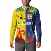 Malampa Fiji Day Button Sweatshirt Volcano and Coral Reef with Culture Patterns Split Style