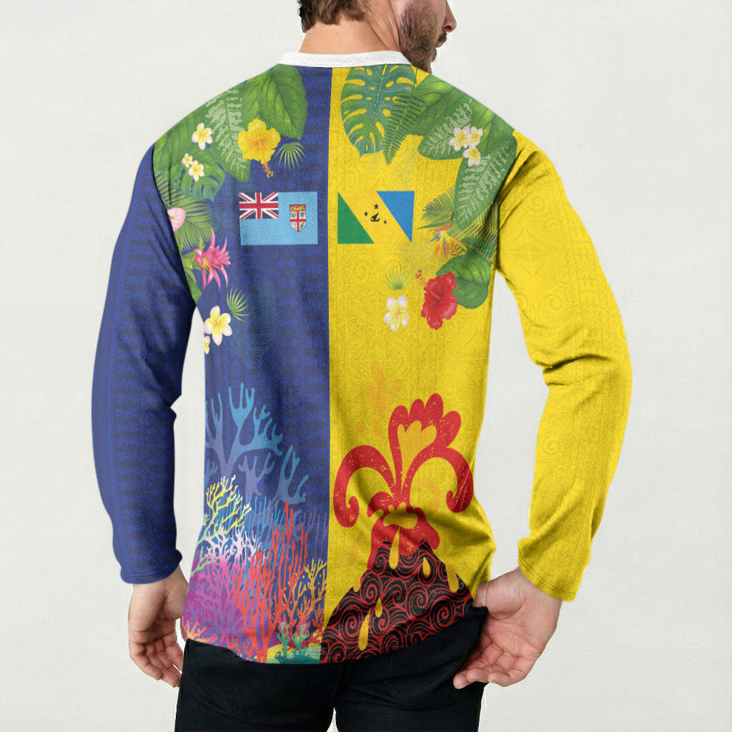 Malampa Fiji Day Button Sweatshirt Volcano and Coral Reef with Culture Patterns Split Style